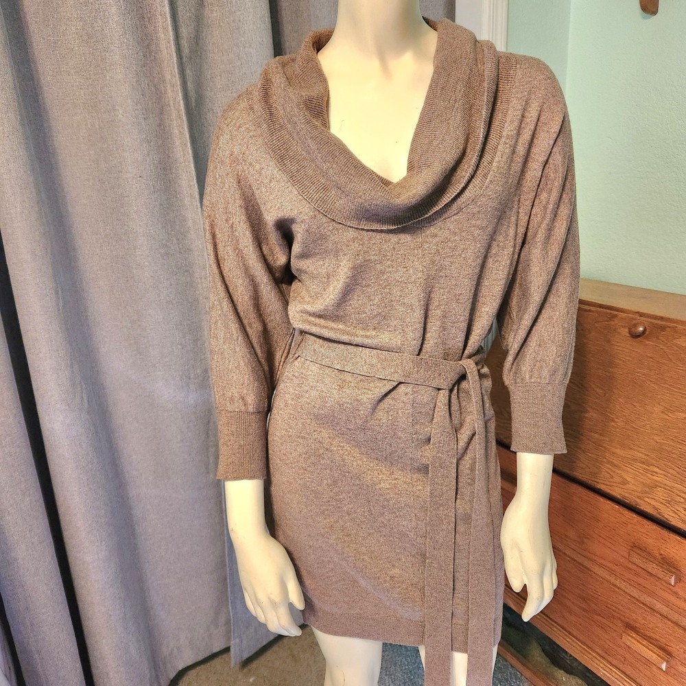 EXPRESS Mini Wool Blend Knit Sweater dress Belted Cowl Neck 3/4 Sleeve NWOT‎ XS
